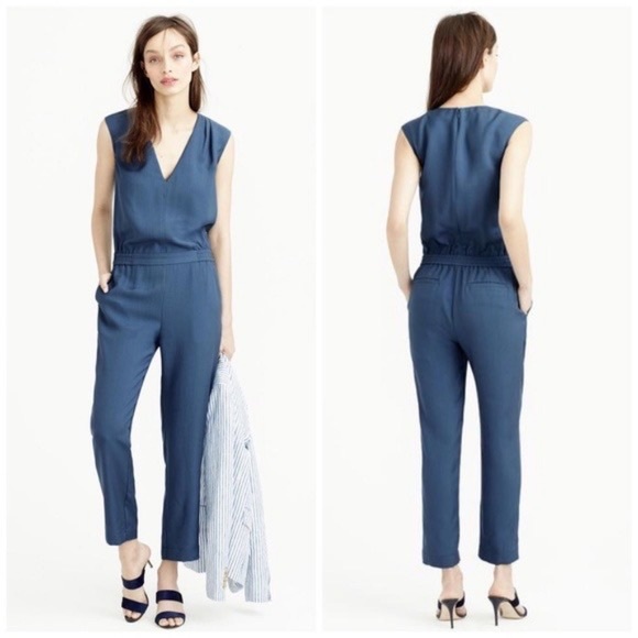 J. Crew Pants - J.Crew Blue Drapey Oxford Crepe V-Neck Crop Pant One Piece Jumpsuit (4)